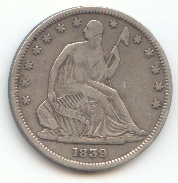 1839 Seated Liberty Half Dollar With Drapery, VF-XF Details