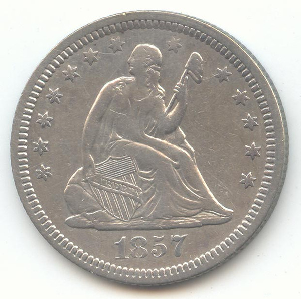 1857 Seated Liberty Quarter, Ms Liberty Smoking Cigarette, XF Details