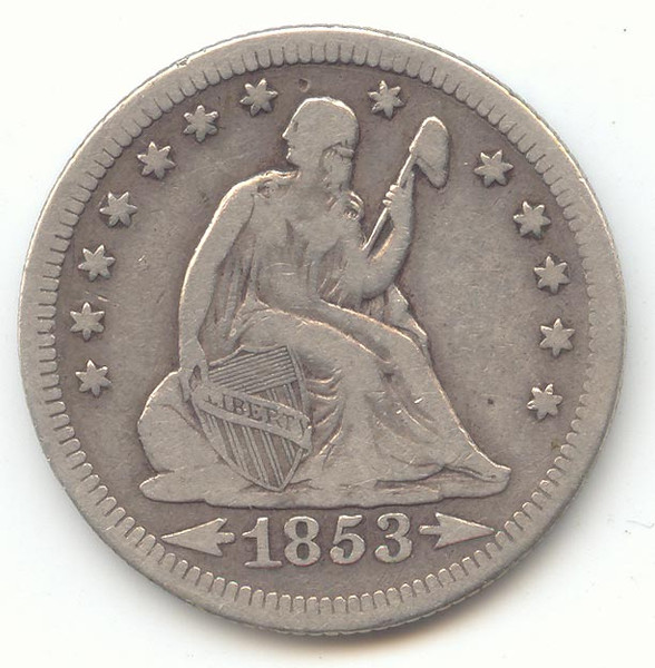 1853 Arrows and Rays Seated Liberty Quarter, Fine