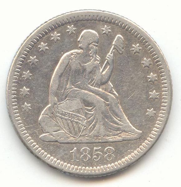 1858-O Seated Liberty Quarter, VF-XF Details
