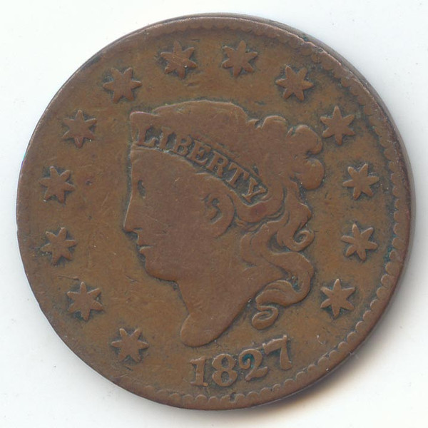 1827 Coronet Head Large Cent, Nice VG