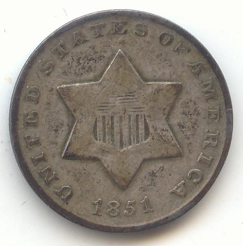 1851 3c Silver, Three Cents, Original VG-Fine