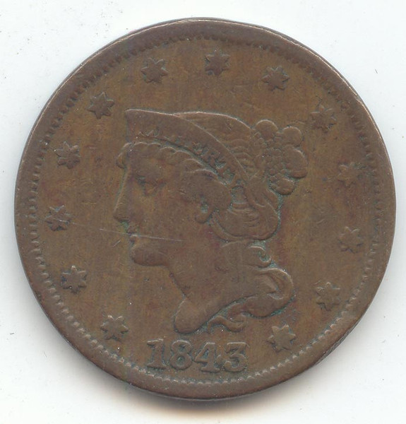 1843 Petite Head Small Letters Braided Hair Large Cent, Fine Details