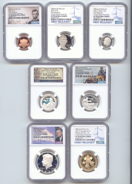 2021-S 7 Pc Silver Proof Set,All NGC PF-70 Early Releases,1c,5c,10c,25c,50c,$1