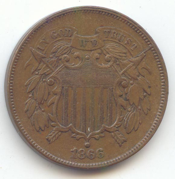 1866 2c Piece, Two Cents, Sharp and Original XF