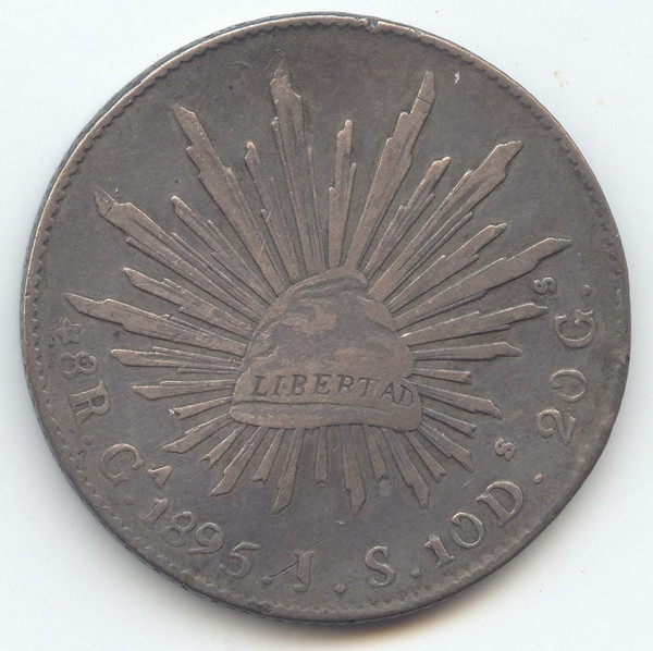 Mexico, 1895 Ga JS Cap and Rays 8 Reales, XF Details