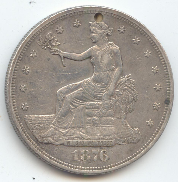 1876 Trade Dollar, VF-XF, Hole