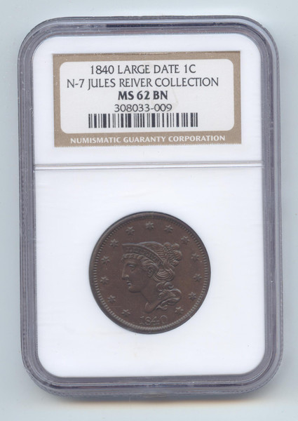 1840 Large Date Braided Hair Large Cent, ex Jules Reiver, N-7, NGC MS-62 BN