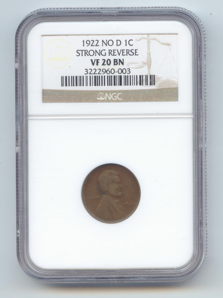 1922 Plain Lincoln Wheat Cent, Strong Reverse, NGC VF-20 BN