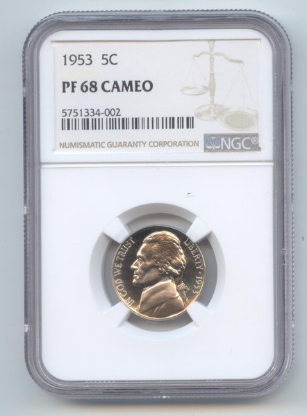 1953 Proof Jefferson Nickel, NGC PF-68 Cameo, Scarce