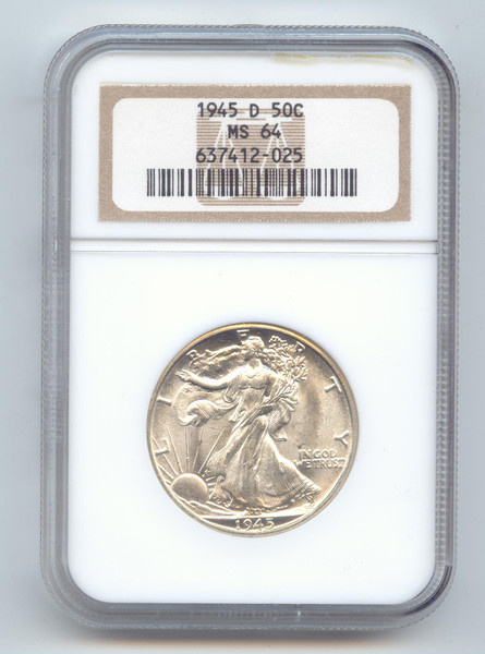 1945-D Walking Liberty Half Dollar, Mostly White, NGC MS-64