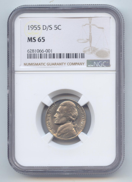 1955-D/S Jefferson Nickel, D over S Mint Mark, NGC MS-65