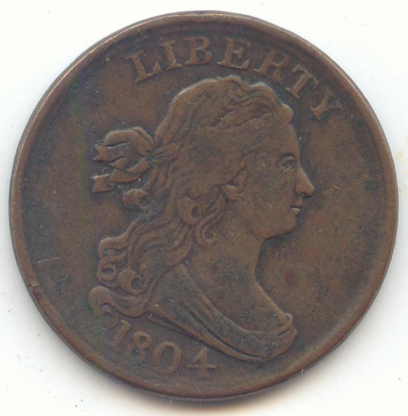 1804 Plain 4 Stemless Draped Bust Half Cent, Original VF