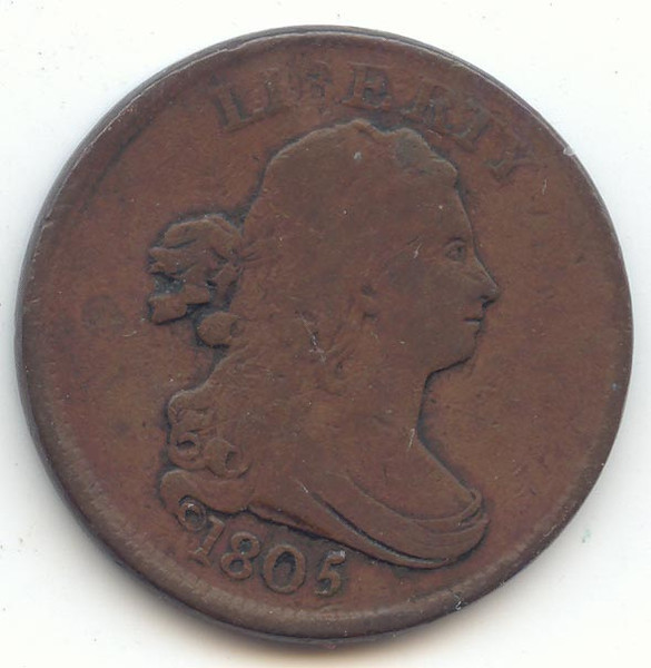 1805 Draped Bust Half Cent, Small 5, No Stems, VG Details, Scarce