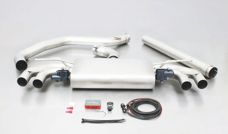 Remus Exhaust Non-Resonated Cat back System Left/Right with Integrated valves including a Remus Exhaust Sound Controller Module with 4 Carbon tail pipes 84 mm angled, Titanium internals - Golf Mk7 Hatchback 2.0 GTI 162 kW CHHB 2013-2016