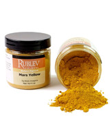 Rublev Colours Mars Yellow PY 42 jar tipped over with yellow iron oxide pigment powder spilled out, 100g artist dry pigment