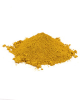 Rublev Colours Mars Yellow PY 42 dry pigment - close-up of intense ocherous yellow iron oxide powder texture for paint making