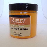 Rublev Colours Dry Pigments 100g - Diarylide Yellow PY 83 jar on white background, synthetic organic permanent yellow deep pigment
