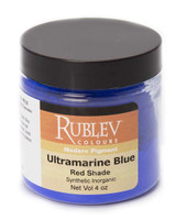 Rublev Colours Dry Pigments 100g - S3 Ultramarine Blue Red Shade PB 29 jar on white background, synthetic ultramarine pigment