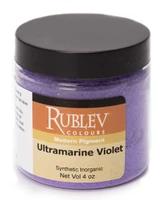 Rublev Colours Dry Pigments 100g - S3 Ultramarine Violet PV 15 jar on white background, synthetic inorganic violet pigment
