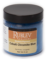 Rublev Colours Dry Pigments 100g - S5 Cobalt Chromite Blue-Green Spinel PB 36 jar on white background, professional pigment powder