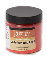 Rublev Colours Dry Pigments 100g - S6 Cadmium Red Light PR 108 jar on white background, professional cadmium red pigment powder