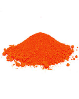 Bright cadmium orange pigment powder pile on white background, synthetic inorganic artist pigment PO20