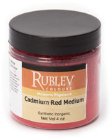 Rublev Colours Cadmium Red Medium dry pigment jar on white background, label visible, 100g artist pigment