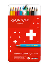 Caran d’Ache Swisscolor Water-Soluble Colour Pencils — tin box of 12 in original metal packaging, assorted colours.