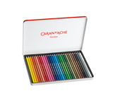 Side view of Caran d’Ache Swisscolor 30-piece water-soluble pencil tin—slim, durable storage for studio and travel.