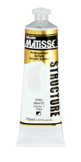 Front view of Matisse Structure Acrylic 75ml paint tube – artist-grade heavy body acrylic packaging zinc white