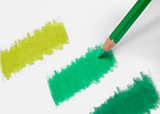 Pablo coloured pencil swatches in greens and blues—high covering power and smooth, opaque laydown.