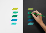 Row of green–blue Pablo pencils with matching colour swatches on white background — permanent artist pencils