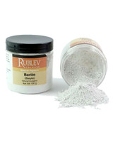 Rublev Colours Barite pigment jar on side with powder pouring out – PW22 barium sulfate dry pigment 100g