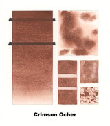 Multiple Crimson Ochre watercolour swatches showing water ratios, granulation and layered wash effects