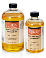 Rublev Sun-Thickened Linseed Oil bottles on white background showing 16 fl oz (473 ml) and 8 fl oz (236 ml) sizes with black caps