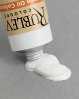 Close up of Rublev Mixing White tube label showing Mixing White oil paint, 50ml