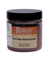 Rublev Colours Blue Ridge Violet Hematite dry pigment 100g jar label close up natural red iron oxide PR102
