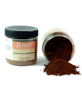 Rublev Colours Italian Burnt Umber Warm pigment jar tipped with powder spilling out 100g PBr7 burnt umber warm earth pigment