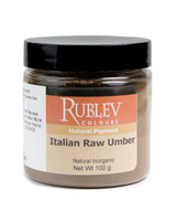 Rublev Colours Italian Raw Umber dry pigment 100g jar label PBr7 natural earth pigment from Lombardy Italy