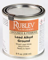 Rublev Colours Lead Alkyd Ground 8 fl oz can (front label) – lead alkyd oil ground primer for ACM, copper panels and wood supports.