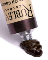 French Raw Umber oil paint squeezed from Rublev 150ml tube showing earthy brown semi-opaque colour and smooth paint body