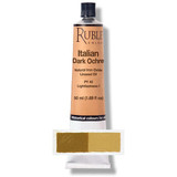 Italian Dark Ochre drawdown card showing full strength mass tone, undertone scrape, and 1:2 mixture with titanium white for tint comparison