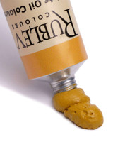 Lemon Ochre oil paint squeezed from Rublev 150ml tube showing light transparent yellow earth colour and smooth paint body