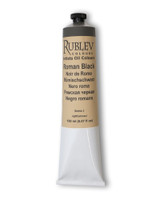 Rublev Artists Oil Paint 150ml S1 Roman Black tube on white background, natural PBk 11 black earth from Verona Italy in linseed oil with no additives