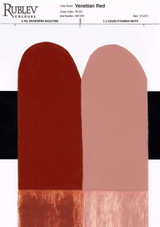 Venetian Red drawdown card showing full strength mass tone, undertone scrape, and 1:2 mixture with titanium white for tint comparison
