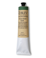 Rublev Artists Oil Paint 150ml S1 Verona Green Earth tube on white background, natural PG 23 Italian green earth in linseed oil with no additives