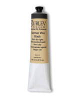 Rublev Artists Oil Paint 150ml S1 German Vine Black tube on white background, natural PBk 11 vine black earth magnetite pigment in linseed oil with no additives