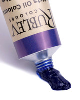 Ultramarine Blue Green Shade oil paint squeezed from Rublev 150ml tube showing long stringy texture and rich transparent blue pigment