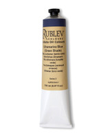 Rublev Artists Oil Paint 150ml S2 Ultramarine Blue Green Shade tube on white background, PB 29 additive free oil paint in linseed oil